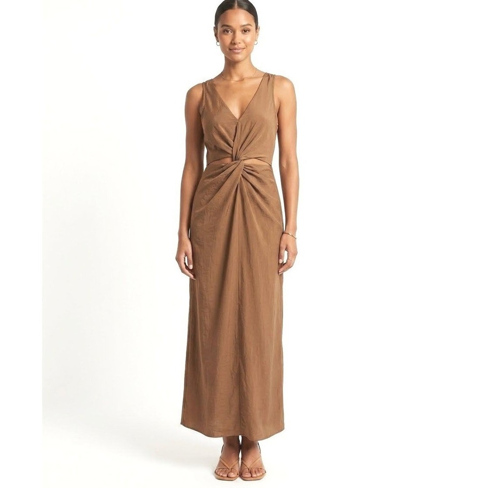 Brown Twist Front Cutout Maxi Dress Sleeveless V-Neck Gown | Size 4 DH